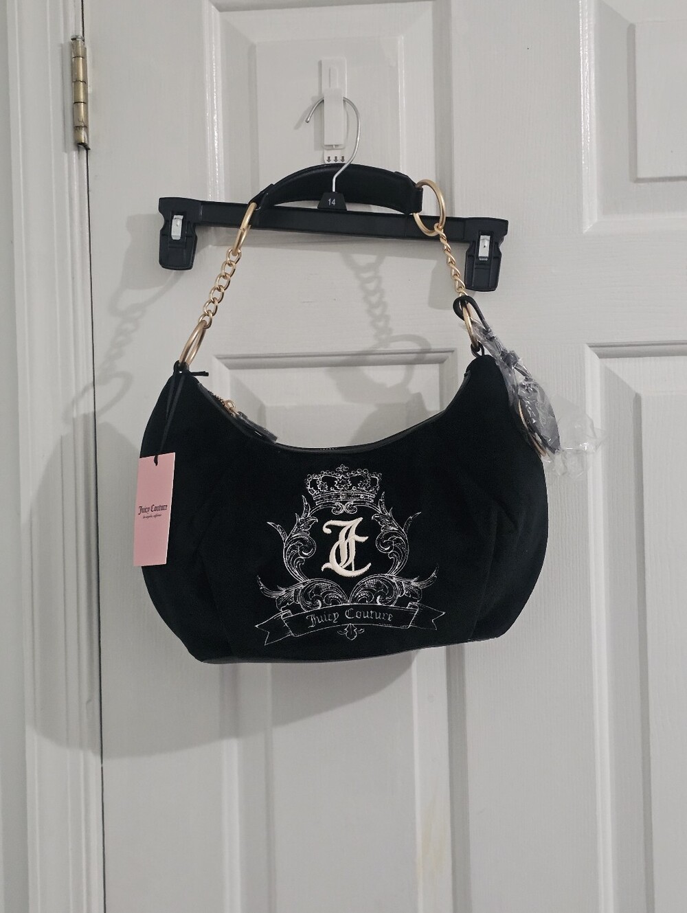 Juicy Couture Black Velour Crest Hobo Shoulder Bag Heart Charm NWT